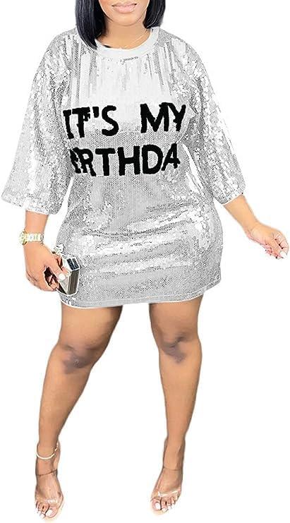 Its My Birthday Dress for Women Birthday Sequin Shirt Dress Letter Graphic Print Half Sleeve Dress (XX-Large, Silver)