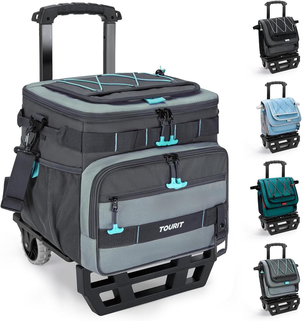 TOURIT Collapsible Cooler with Wheels, Insulated Rolling Cooler with All-Terrain Cart, Waterproof Soft Sided Cooler Bag for Beach, Picnic, Camping, Shopping, Travel (A1: Gray)