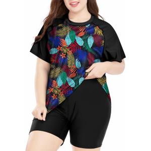 Davena Women's Plus Size 2 Piece Rash Guard Short Sleeve Swimsuit with Boyshorts Swim Shirt UPF 50+ (X-Large Plus)