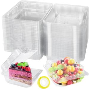 100 Pcs Clear Plastic Square Hinged Food Clamshell Container,Disposable To Go Containers with Clear Lids,Cake Slice Takeout Tray for Pastry,Salad,Dessert,Sandwiches