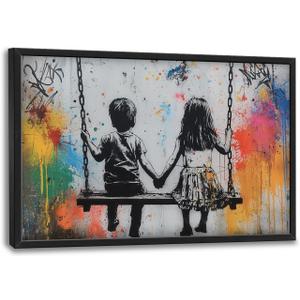 Banksy Large Wall Art for Living Room Little Boy and Girl Pictures Street Pop Art Graffiti Canvas Big Wall Decor Painting Artwork Framed Decorations for Bedroom Boys and Girls Room Office 24"x36"