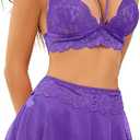 PITINAN Sexy Lingerie for Women Naughty 3 Piece Lace Bralette, Mini Skirt with G-String Crotchless Teddy Lingerie Set S