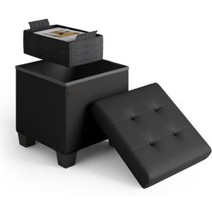 Storage Ottoman Cube with Small Bin, 15-in Square Ottoman with Storage for Living Room and Bedroom, Small Ottomans Foot Rest, Faux Leather Foot Stools Ottomans Max 330lbs, Black