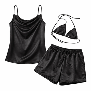 Black Satin Pajama Set (Medium, Black)