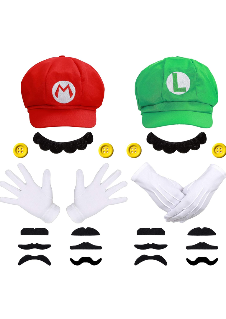 Humairc Super Bros Hats Accessories Set Mary Luigy Caps, Mustaches, Suspenders, Gloves Buttons Halloween Cosplay Costume