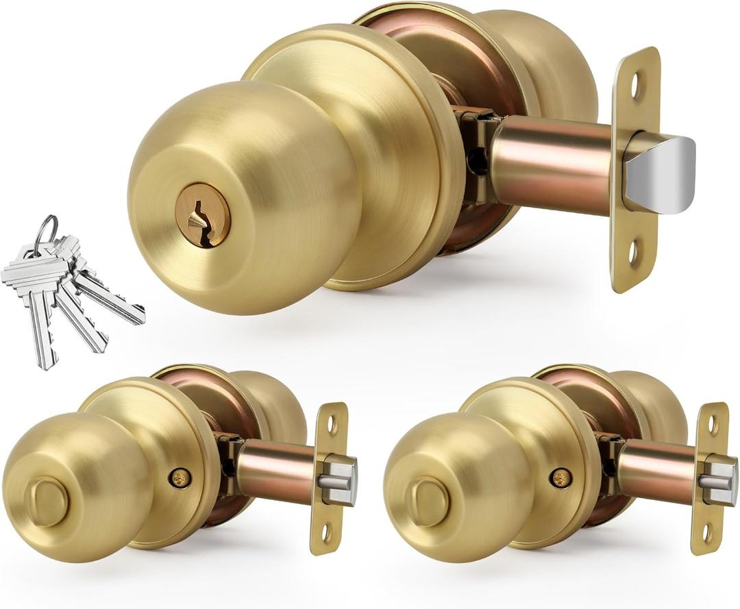 Brushed Gold Keyed-NOT-Alike Ball Design Door Knob with Keys and Lock, 3 Pack Wholesale Keyed Entry Round Shaped Doorknob for Front/Entrance Doors, Satin Brass Finish