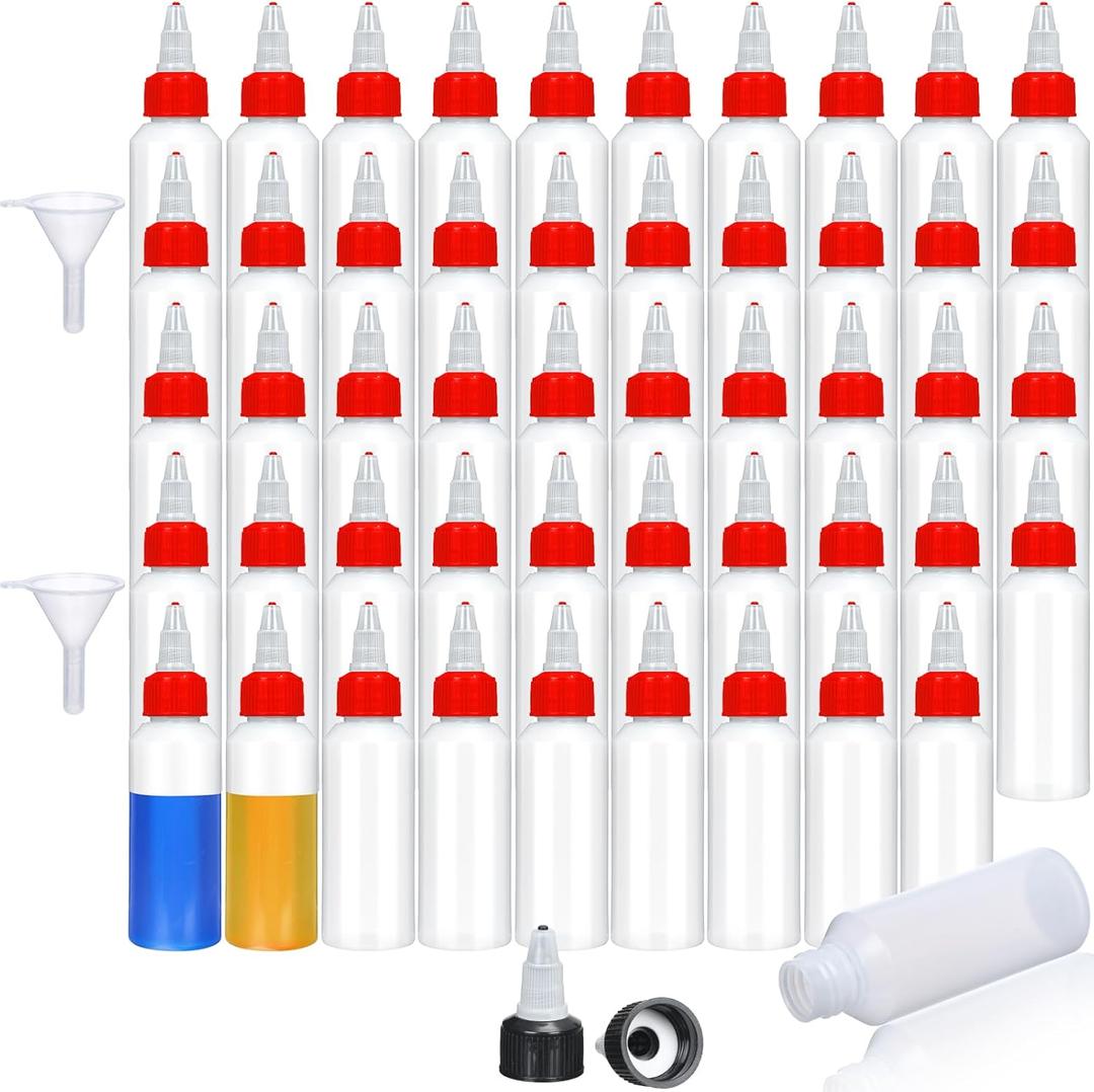 Honeydak 50 Pcs 2 oz Boston Dispensing Squeeze Bottles Empty Plastic Squeeze with Twist Cap Small Clear Bottle Round Bottles with 2 Funnels for Liquids Oils arts Kitchen Household(Red)