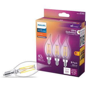 PHILIPS LED 75W BA11 3-Pack Ultra Definition Soft White (2700K) 700 Lumen (6.6W = 75W) Dimmable Clear Flicker-Free Candelabra Light Bulbs Fits E26 or E12 Sockets, Soft White (2700k), 3 Pack, E12 Base, 700 Lumen