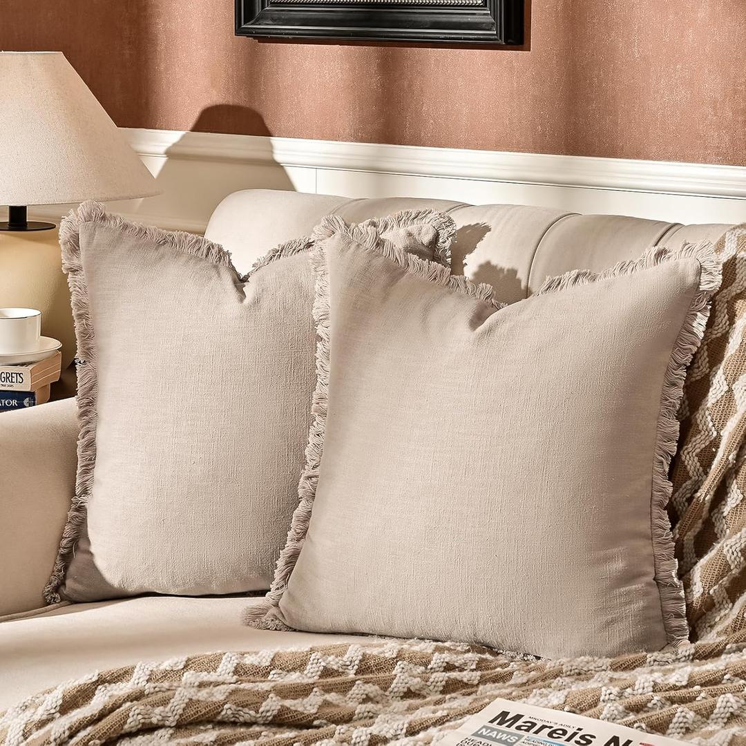 AmHoo Pack of 2 Linen Pillow Covers with Tassels Fringed Decorative Rustic Natural Throw Pillowcase Cushion for Couch Sofa Bedroom 24 x 24-Inch Beige