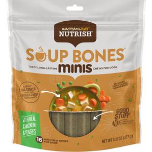 Nutrish Rachael Ray Dog Chews Soup Bones Minis with Real Chicken & Veggies, 16 Dog Treats (EXP 01/01/27)