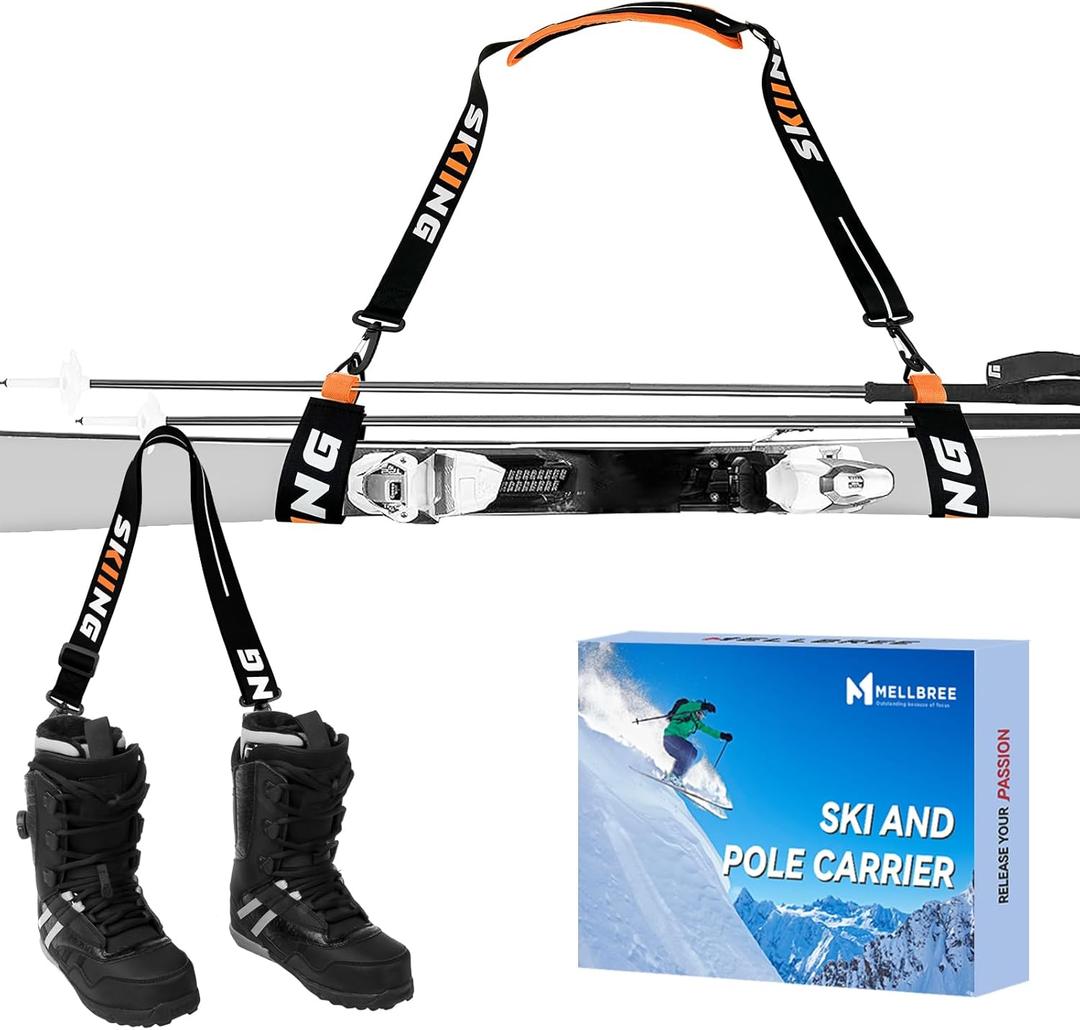 Mellbree Ski & Pole Carrier Straps, Snowboard, Pole and Boot Carry Sling Straps with Cushioned Shoulder Extended Ski Pole Strap for 2 Poles Easy Transportation of Your Ski Gear