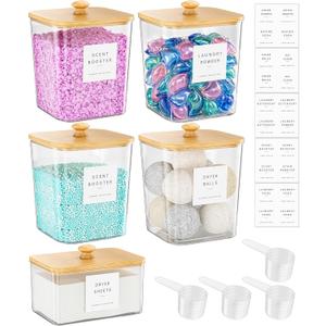 Moforoco 3+1 Pack Bamboo Laundry Pods Container, Acrylic Clear Laundry Room Organization Containers,Large Laundry Pods Holder for Scent Booster Detergent Powder Storage Containers Lids & Labels
