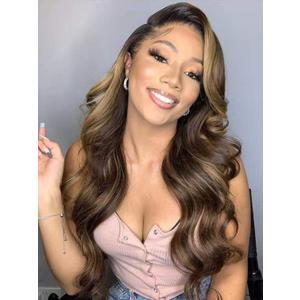 NOSTALGIA Long Brown Wavy Wig Brown Mixed Blonde Highlight Side Part Wigs for Women Natural Hairline Synthetic Wigs for Women Daily Party Use