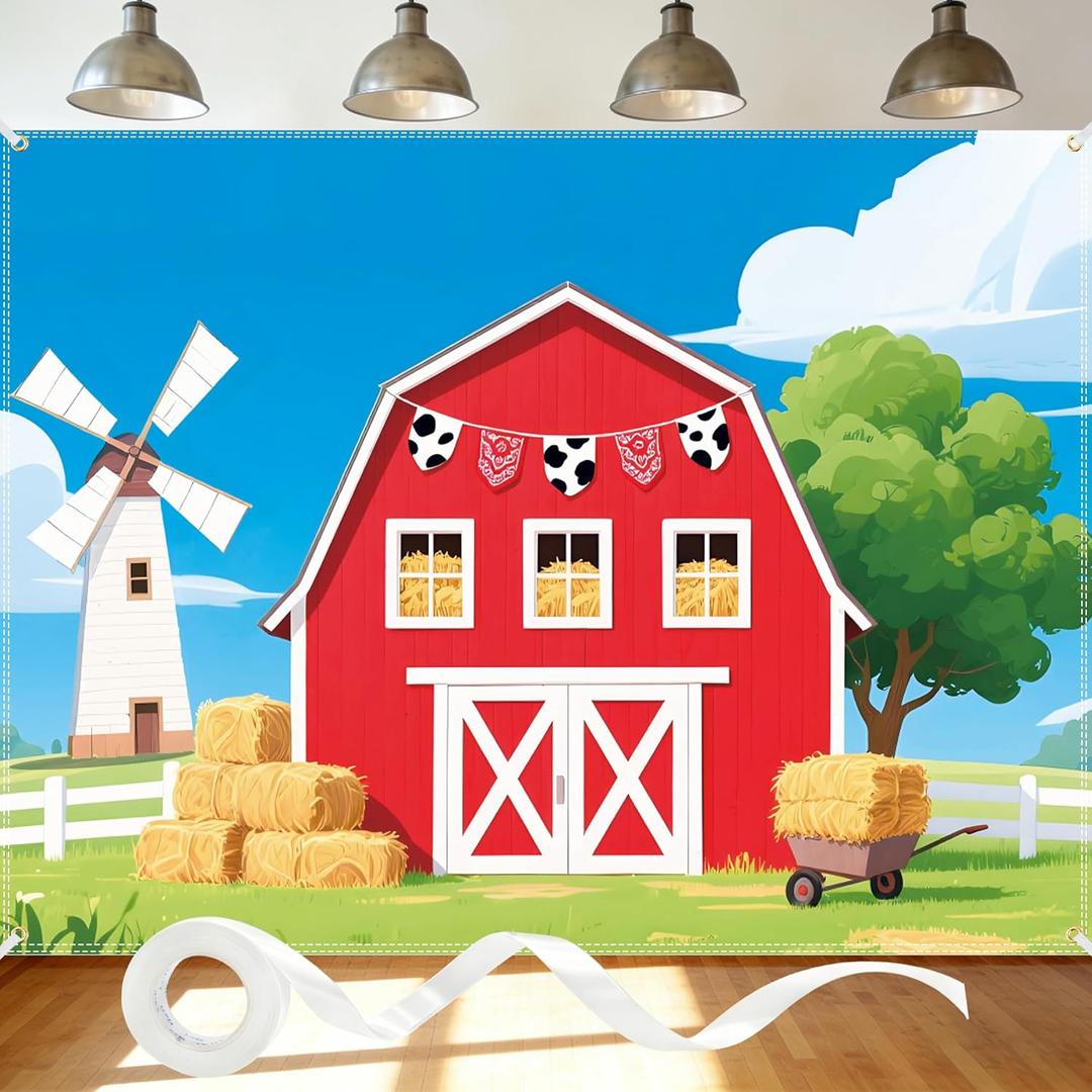 Farm Backdrop 8x6ft Farm Party Decorations Barn Backdrop Red Barn Door Banner with 19.68Ft Ribbon for Photography Props Photo Booth Birthday Party Supplies
