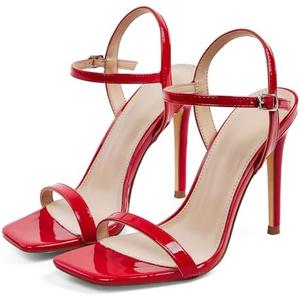 GENSHUO Women's Square Toe Strappy Stiletto Heels,4 Inch Open Toe Heel Sandals Ankle Strap Buckle Sexy High Heeled Prom Party Wedding Daily Wear Dress Shoes, Size: 9.5