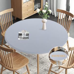 Obstal Fitted Round Table Cloth, Reversible Waterproof Stain Resistant Elastic Stretch Tablecloth, Wipe Clean Table Cover for Outdoor/Indoor Use, Fits Round Tables up to 40" - 44" Diameter, Silver