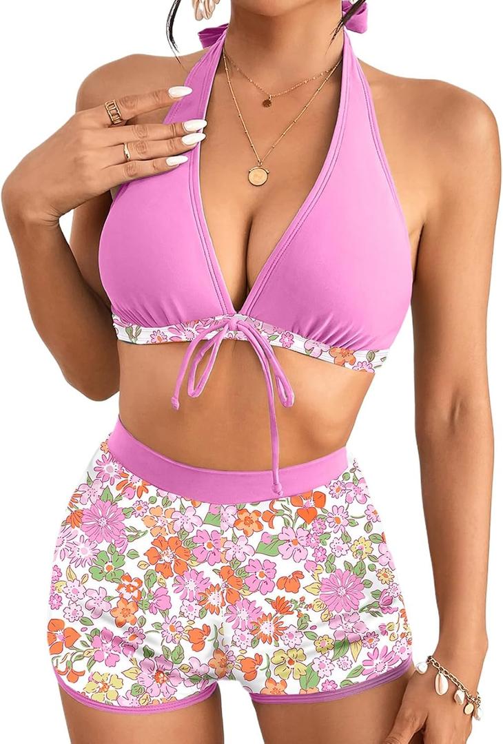 Herseas Women's Bikini Sets 2 Piece Tropical Print Swimsuit Halter Top & Boy Short Bathing Suit (XX-Large, Light Pink)