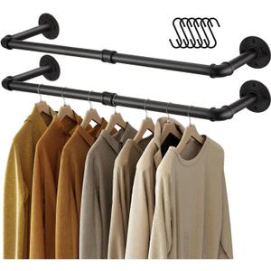 GREENSTELL Clothes Rack Wall Mounted, 36.2 Inch Industrial Pipe Clothing Rack, Space-Saving Closet Rod, Multi-Purpose Hanging Rod for Bedroom, Laundry Room, 2 Base (2 Pack)