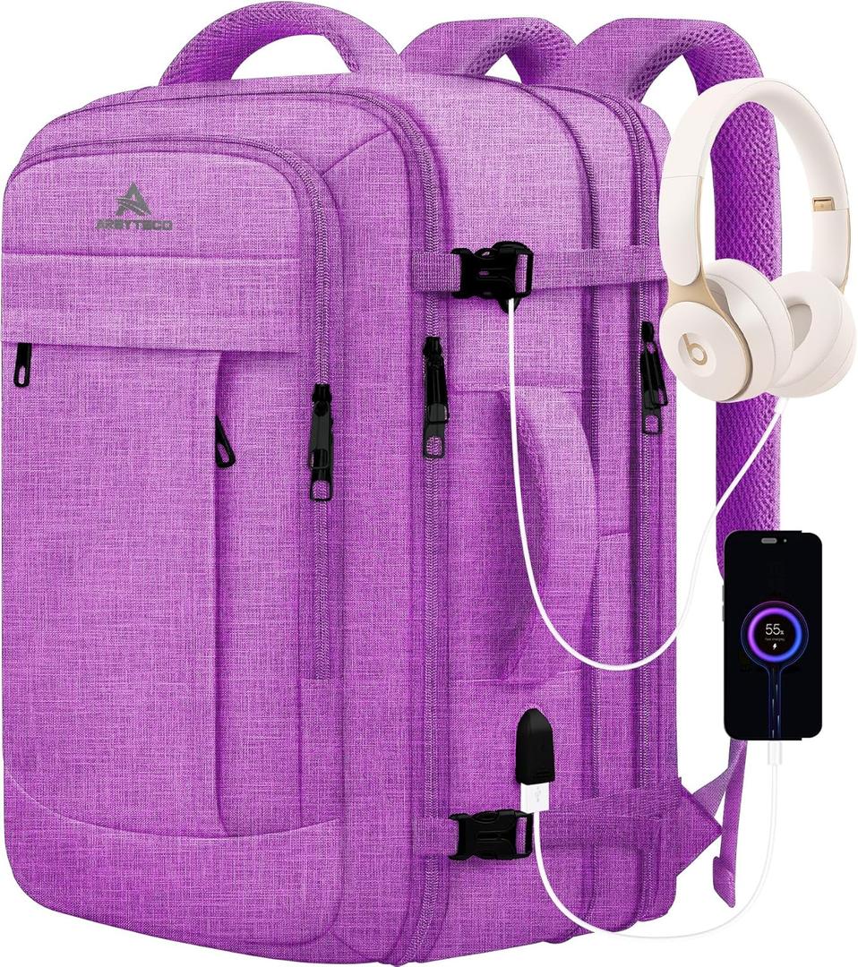 50L Carry On Backpack, Extra Large Laptop Backpack, Travel Backpack for Women, Expandable Water Resistant Big Bag Anti-Theft Business Daypack Fit 17 Inch Laptop with USB Port,Purple (XXL-(20''x13''x10''))