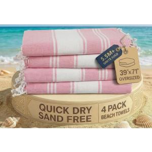 LANE LINEN Turkish Beach Towel Set of 4 - Beach Towels, Pre-Washed Pool Towel, Extra Large Beach Towel, Quick Dry & Sand Free, Absorbent Travel Towel, 39"x71" - Candy Pink