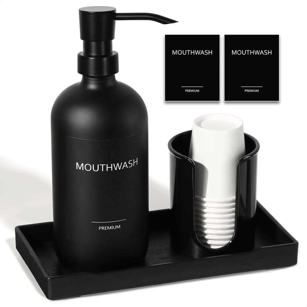 Mouthwash Dispenser for Bathroom, Glass Mouth Wash Pump Dispenser with Cup Holder, 17 Fl Oz Mouthwash Bottle Decanter with Tray, Refillable Mouthwash Dispenser Container (Matte Black)