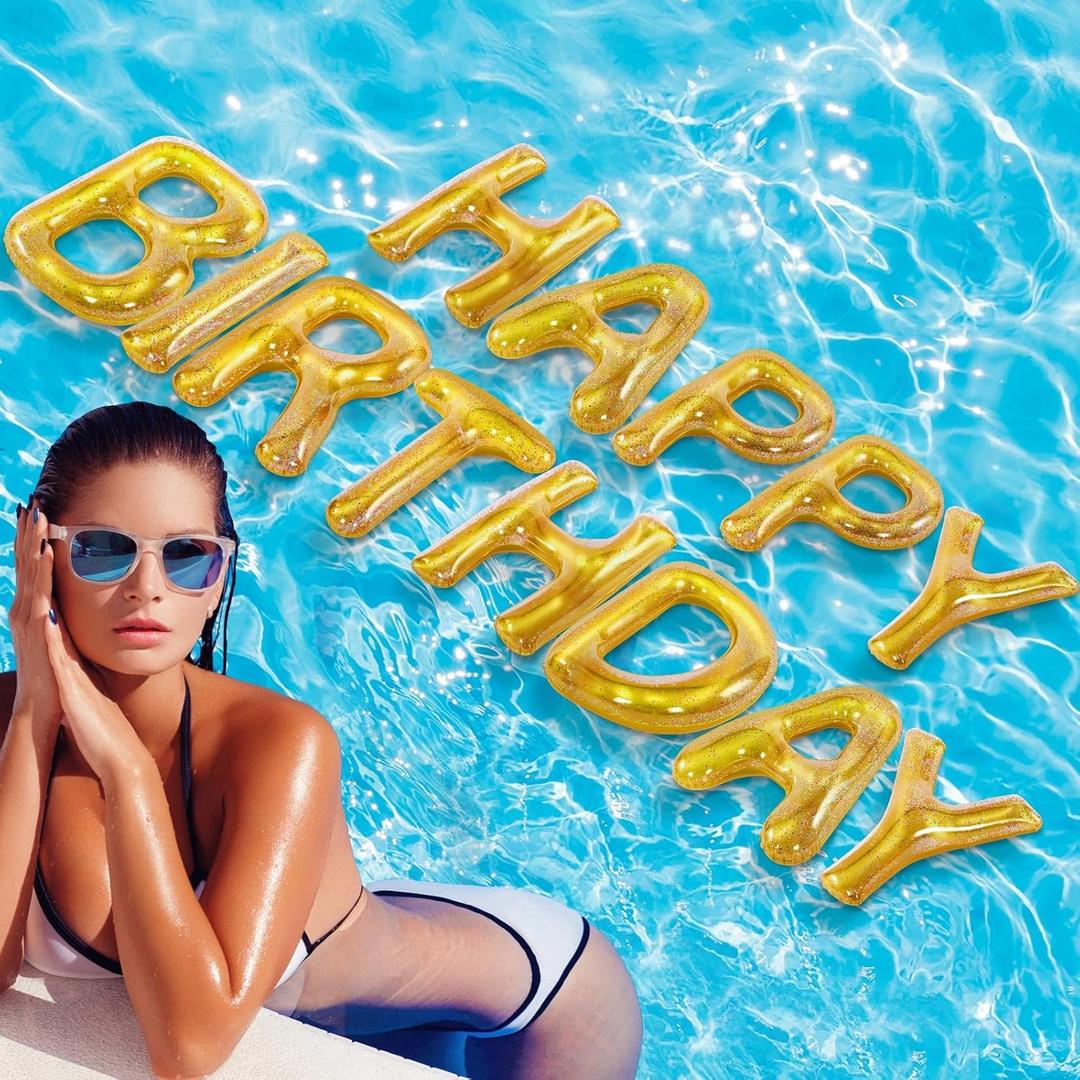 Shappy 30'' Happy Birthday Pool Extra Large Floating Letter Balloons with Adhesive Dots Inflatable Party Decorations for Summer Birthday Party