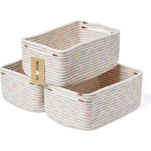 Small Storage Baskets for Organizing | Closet Organizer Bins | Shelf Toy Basket | Woven Rope Baskets | Cube Decorative Box | Shallow Basket | 13x8.5x5.1 | 3 Packs Rainbow