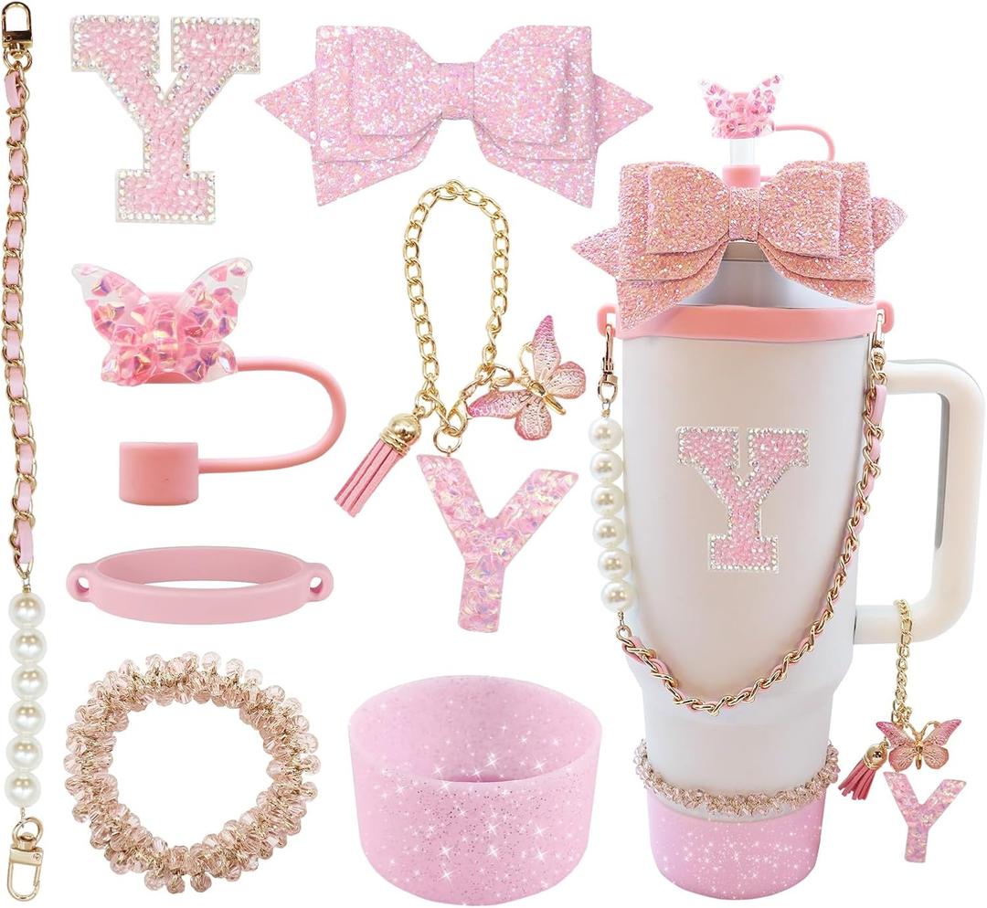 8PCS Stanley Cup Accessories set for 40oz & 30oz Tumbler with Handle,Including Straw Topper,Boot,Water Bottle Handle Strap,Straw Bow Decorate,Bracelets,Letter Charm,Initials Sticker,Cup Ring（Pink Y）
