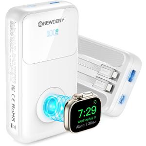 NEWDERY 20000mAh Portable Charger for Apple Watch,5-in-1 Power Bank Built-in Cables,PD 20W Fast Charging Travel Battery Pack with USB C Cable for iWatch,iPhones,iPad,Samsung More Phones Tablets (White)