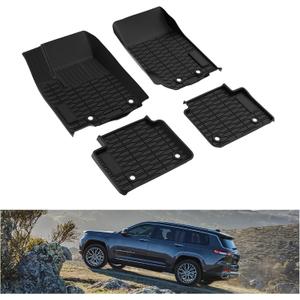 KIWI MASTER Floor Mats for 2022-2025 New Jeep Grand Cherokee/ 4xe, Front & Rear 2 Row All Weather Custom Fit Mat, 1st & 2nd Row TPE Slush Liners Set, Black