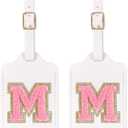 Personalized Initial Luggage Tags for Suitcases with Chenille Letter, Cute Leather Luggage Tag Monogrammed Tags for Baggage Bag Travel Gifts for Women Kids Teens(White_M) Pack of 4