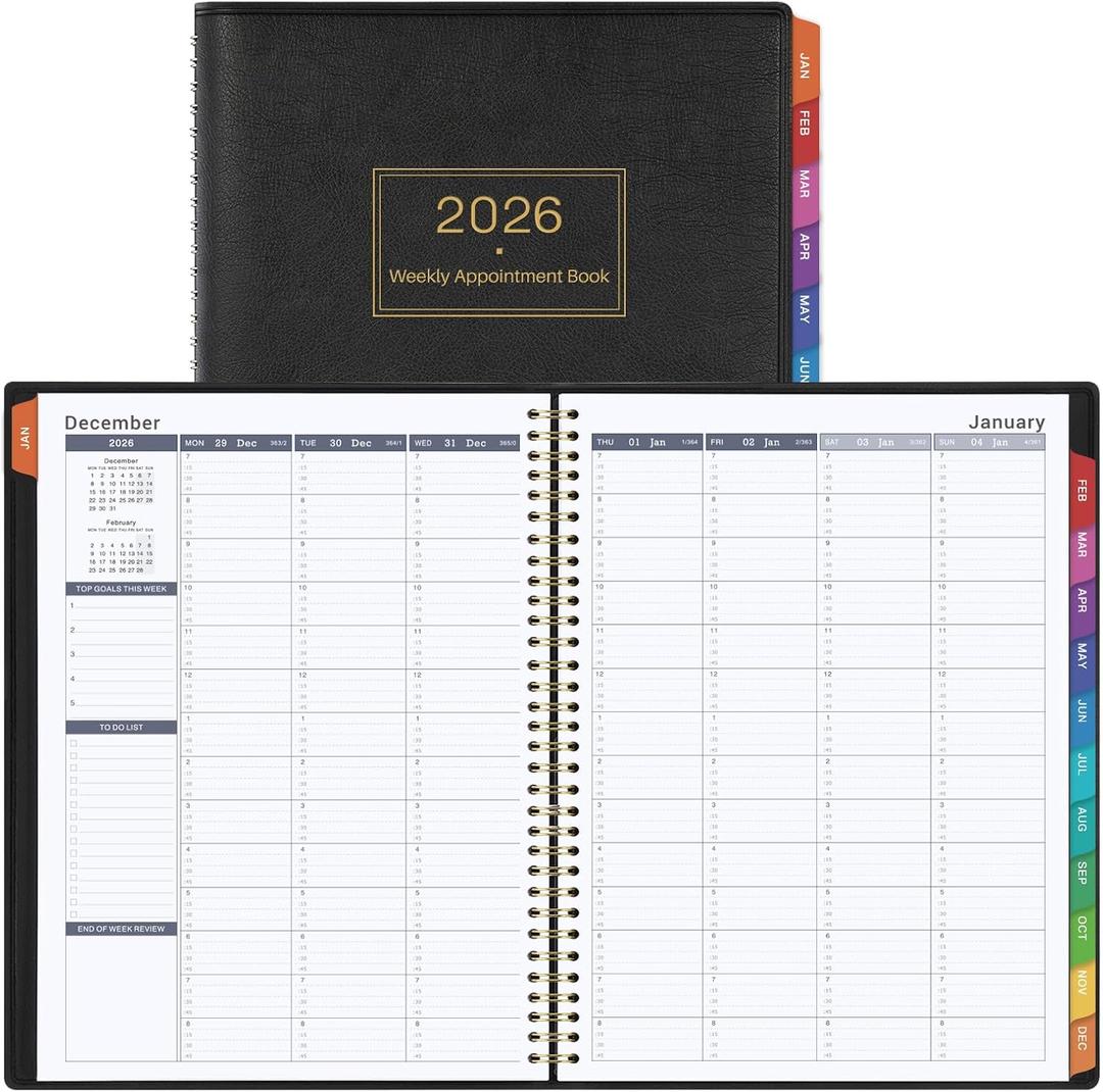 2026 Appointment Book & Planner - 2026 Daily Hourly Planner, JAN 2026 - DEC 2026, 8.5" x 11", 2026 Weekly Appointment Book, 2026 Planners with 15-Minute Interval, Leather Cover, Colorful Tabs - Black