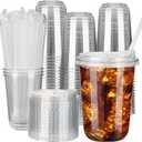 100 Sets 16oz Disposable Stemless Plastic Cups with Strawless Sip Lids, Clear PET Coffee Cups for Iced Coffee, Cold Drinks, Halloween, Christmas, Party and Drink Shop Supplies (Clear (16oz))