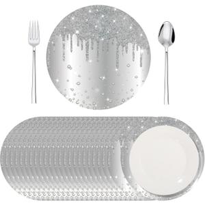 120 Pieces Silver Paper Placemats 13 Inch Glitter Diamonds Round Disposable Table Mats Decorative Paper Mats for Dining Wedding Birthday Silver Glitter Banquet Party