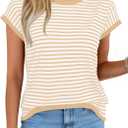 Cap Sleeve Tops for Women Summer Striped Short Sleeve Sweater Top Crew Neck Sleeveless Vest Spring Going Out Shirts (S)