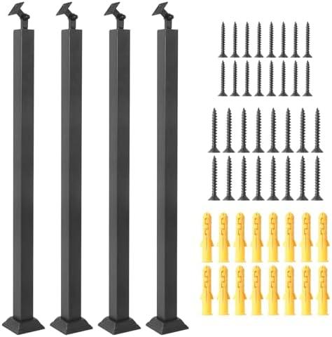 WHATWEARS Stair Baluster Post 4 Pack, Black Square Stair Railing Kits Indoor Outdoor, Metal Stair Post with 270° Adjustable Railing Spindles and Base and Screws for Stair, Porch, Deck, Steps