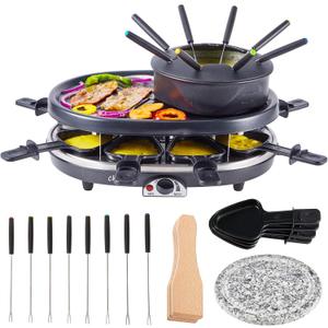 Electric Fondue Pot Set,Cheese Fondue Pot and Chocolate Fondue Kit,Portable BBQ Grill with Raclette Grill Plate,8 Fondue Forks,8 Small Nonstick Pans for 8 People Parties