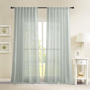 Novecozy Natural Linen Green Semi Sheer Curtains 45 Inch Long 2 Panels Set for Bedroom Living Room, Backtab Rod Pocket Farmhouse Boho Linen Textured Light Filtering Window Drapes, Gray Green