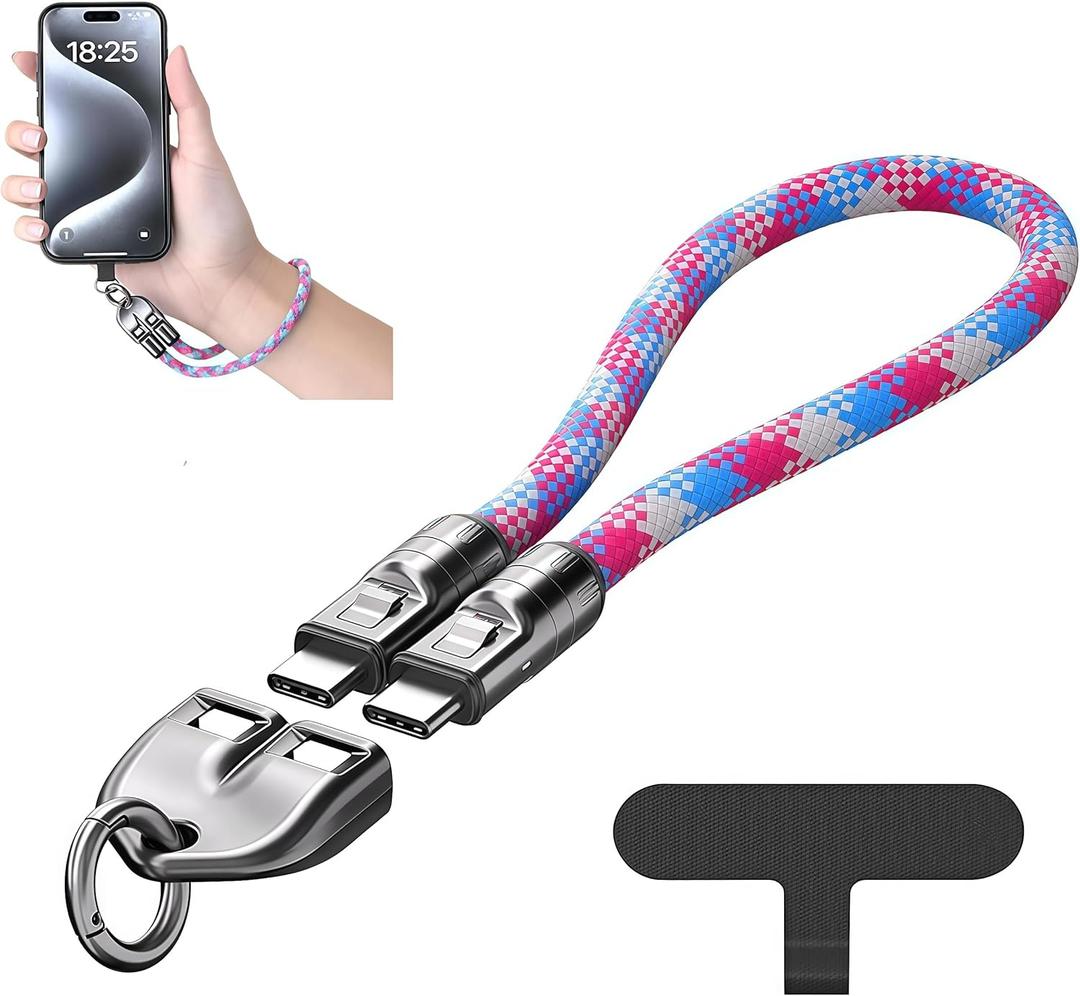 Phone Wrist Strap with C to C 240W Charging Cable, Wearable Bracelet Design, Fast Charging & Data Transfer Lanyard, Compatible with iPhone 17/16/15 and USB-C Smartphones (Pink)