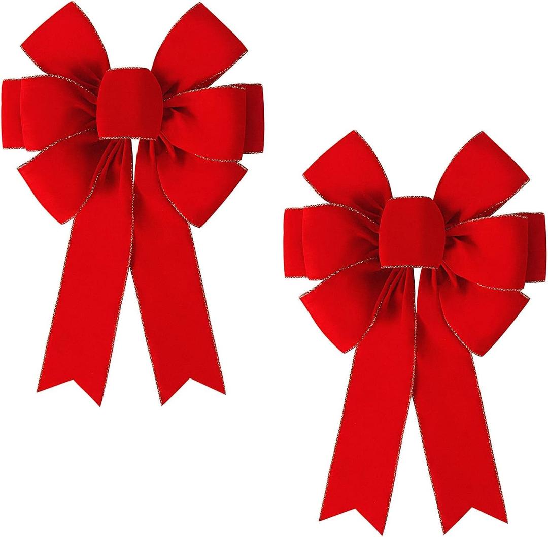 SIMISI RIBBON 2 Packs Red Christmas Bows Decorations Big Velvet Bow with Wired Gold Border for Tree Topper, Wreaths, Outdoor, Garland, Outside (16 * 24 inch)