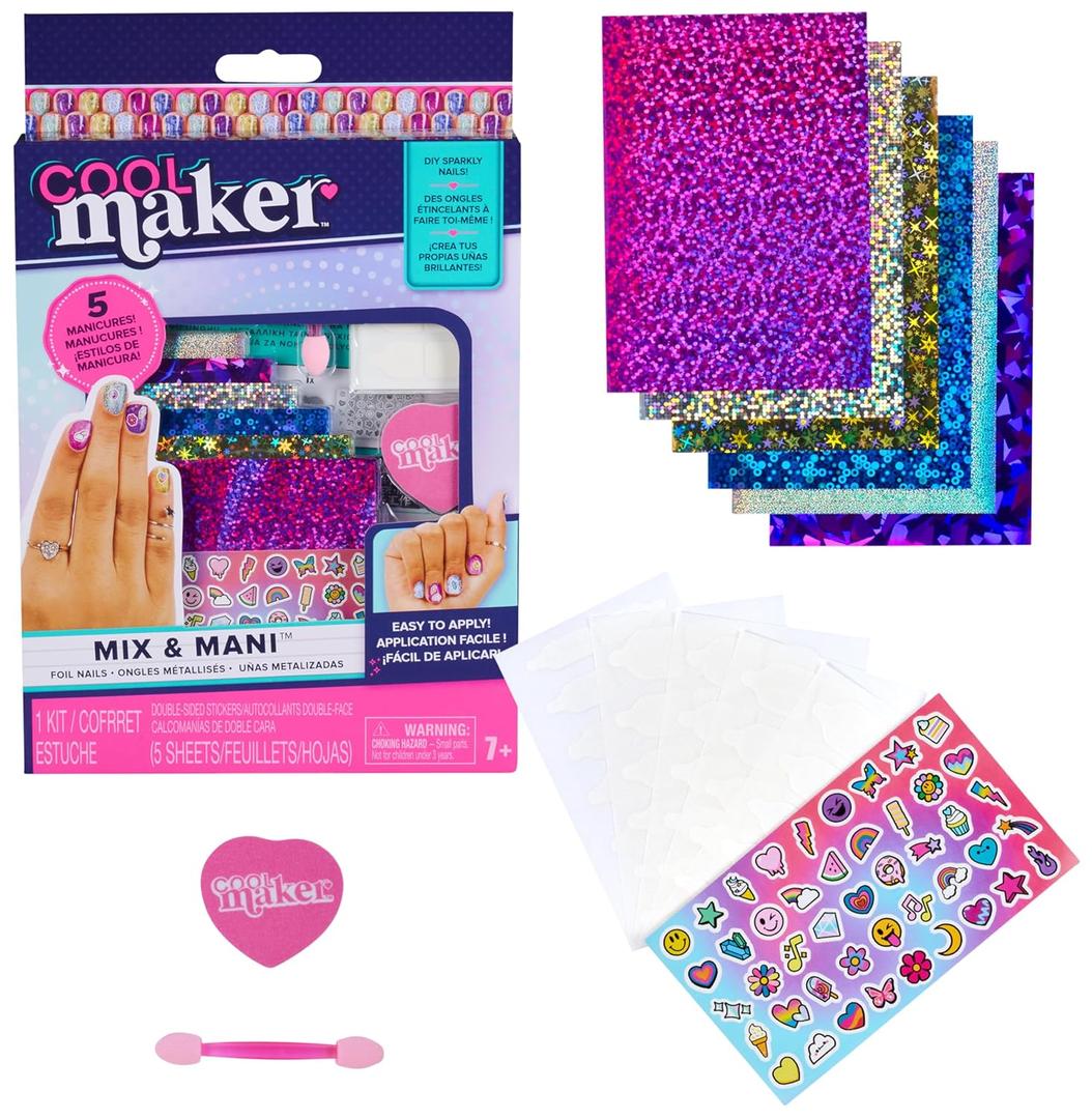 Cool Maker, Mix & Mani Foil Nail Kit with 6 Sheets & Stickers for 5 DIY Manicures (Packaging May Vary), Arts and Crafts Kids Toys for Ages 7 and up