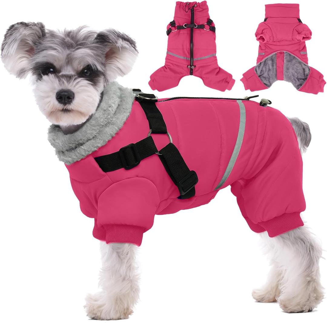 BRKURLEG Dog Winter Coat with Harness Built in, Winter Dog Jacket for Large Dogs, Dogs Snowsuit Reflective Windproof Cold Weather Coat, Puppy Warm Fleece Coats, Hot Pink, L