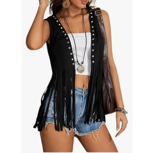 GORGLITTER Women's Fringe Vest Sleeveless Western Country Concert Cowgirl Outfits 70s Hippie Faux Suede Jacket Cardigan
Size -M