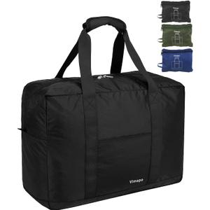 Foldable Travel Duffle Bag with Trolley Sleeve 40L - 18x14x8 inches Airline Underseat Lightweight Travel Bag - Packable Ripstop Nylon Carry on Bag (Black)