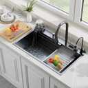 29.5 Inch Waterfall Kitchen Sink with Faucet, Black Stainless Steel Workstation Sink Combo with Cup Washer, Digital Display, Cutting Board and Drain Set, Single Bowl Drop In Kitchen Sink