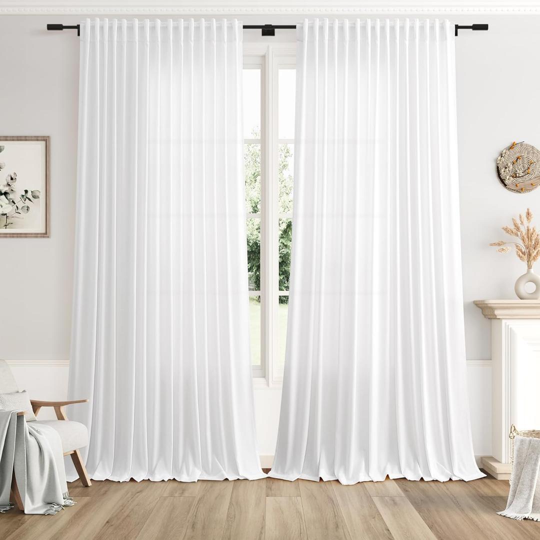 Nanspring Extra Wide Linen Curtains for Living Room 108 Inch Length for Room Divider White Rustic Farmhouse Drape Rod Pocket Back Tab Light Filtering Bedroom Window Curtain for Sliding Door 100x108"