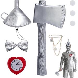 5 Pcs Halloween Funnel Hat and Axe Costume Accessories, Silver Funnel Hat Axe Costume Set Including Heart Clock Brooch Bow Tie for Man Women Halloween Cosplay Theme Party Accessory