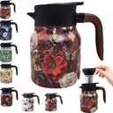 Vintage Floral Pattern Tea Pots Built-in Infuser,Vintage Floral Teapot with Built In Infuser Stainless Steel Thermal Carafe with Lid for Hot Drinks,Red(Wooden handle,35oz)