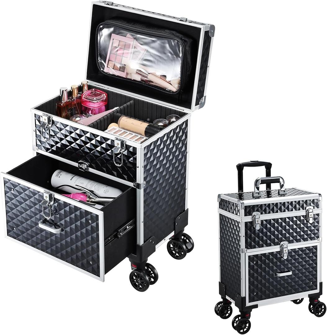 Adazzo Professional Rolling Makeup Case with Drawer for Makeup Artists Cosmetic Train Case Large Storage Case for Nail Technicians Cosmetology Case with Detachable Bag for Hairstylist Black