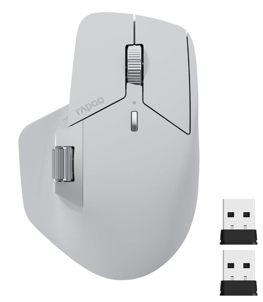 Rapoo MT760 MultiDevice Wireless Mouse, Bluetooth 5.0 and 2.4G MultiMode Connection, Up to 4 Devices, 11 Programmable Buttons, 4K DPI, 90 Days Battery Life, PC, Light Grey
